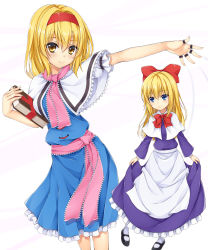 Rule 34 | 1girl, alice margatroid, apron, bad id, bad pixiv id, blonde hair, blue dress, blue eyes, book, bow, capelet, dress, grimoire of alice, hair bow, hairband, highres, kitou kaitai, lolita hairband, long hair, long sleeves, looking at viewer, mary janes, outstretched arm, puppet rings, puppet strings, purple dress, ring, sash, shanghai doll, shoes, smile, touhou, waist apron, yellow eyes
