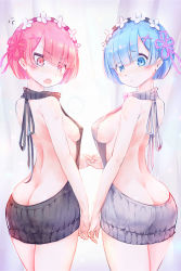 Rule 34 | 10s, 2girls, anger vein, angry, ass, back, backless outfit, bare back, black sweater, blue eyes, blue hair, breasts, butt crack, grey sweater, hair ornament, hair over one eye, hair ribbon, interlocked fingers, looking back, maid headdress, medium breasts, meme attire, multiple girls, open mouth, pink eyes, pink hair, pink ribbon, ram (re:zero), re:zero kara hajimeru isekai seikatsu, rem (re:zero), ribbon, siblings, sideboob, sisters, standing, sweater, turtleneck, turtleneck sweater, twins, virgin killer sweater, x hair ornament, xing