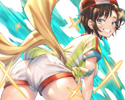 Rule 34 | 1girl, absurdres, ass, ass focus, backwards hat, black hair, blue eyes, breasts, cropped shirt, grin, hat, highres, hololive, honkivampy, large breasts, looking at viewer, oozora subaru, oozora subaru (1st costume), shirt, short hair, shorts, smile, striped clothes, striped shirt, swept bangs, two-tone shirt, vertical-striped clothes, vertical-striped shirt, virtual youtuber, white shorts