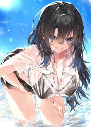 Rule 34 | 1girl, absurdres, black bra, black hair, black skirt, blue eyes, blush, bra, breasts, cleavage, closed mouth, collarbone, commentary request, day, hand on own thigh, highres, kou mashiro, large breasts, leaning forward, long hair, looking at viewer, messy hair, mole, mole under eye, original, outdoors, revision, see-through, shirt, skirt, sky, smile, solo, standing, underwear, wading, water, wet, wet clothes, wet hair, wet shirt, white shirt