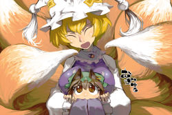 Rule 34 | 2girls, animal ears, animal hat, blonde hair, breast smother, breasts, brown eyes, brown hair, cat ears, chen, dress, face to breasts, fox tail, hat, hat with ears, hug, hug from behind, large breasts, long sleeves, mob cap, multiple girls, multiple tails, open mouth, mob cap, slit pupils, smile, tabard, tail, touhou, white dress, wide sleeves, yakumo ran, ysk!