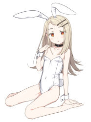 Rule 34 | 1girl, alternate costume, animal ears, bare arms, bare legs, bare shoulders, barefoot, black collar, blonde hair, breasts, collar, collarbone, covered navel, gakuen idolmaster, hair ornament, hairclip, hand on own foot, hands on feet, highres, idolmaster, leotard, long hair, looking at viewer, parted lips, playboy bunny, rabbit ears, rabbit tail, saiste, shinosawa hiro, simple background, sitting, small breasts, solo, strapless, strapless leotard, tail, wariza, white background, white leotard, wrist cuffs
