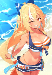 Rule 34 | 1girl, absurdres, beach, bikini, black bow, blonde hair, blue bikini, bow, bracelet, breasts, cleavage, commentary request, dark-skinned female, dark elf, dark skin, elf, front-tie bikini top, front-tie top, hair bow, highres, hololive, hololive summer 2023 swimsuit, jewelry, large breasts, long hair, looking at viewer, multicolored hair, navel, official alternate costume, one eye closed, pointy ears, ponytail, red eyes, sen (sen42724788), shiranui flare, smile, streaked hair, striped bikini, striped clothes, swimsuit, virtual youtuber, white hair