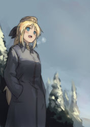 Rule 34 | 1girl, blonde hair, blue eyes, blue sky, blush, coat, fang, garrison cap, hair ribbon, hands in pockets, hat, katharine ohare, long coat, long hair, open mouth, pine tree, ponytail, ribbon, shibasaki shouji, sky, smile, snow, solo, strike witches, strike witches: suomus misfits squadron, tree, world witches series