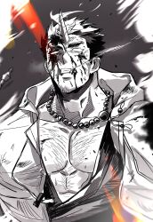 Rule 34 | 1boy, bara, bead necklace, beads, blood, blood on face, breath, chest hair, doku (hitori ox), facial hair, highres, horns, houzouin oniwaka, jewelry, light rays, long sideburns, male focus, mature male, monk, muscular, muscular male, necklace, no pupils, oni horns, pectoral cleavage, pectorals, short hair, sideburns, single horn, solo, spot color, stubble, thick eyebrows, tokyo houkago summoners, upper body, veiny face