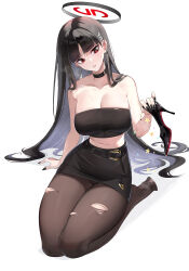 Rule 34 | 1girl, absurdres, bare arms, bare shoulders, black choker, black footwear, black hair, black nails, black skirt, blue archive, blunt bangs, breasts, choker, cleavage, commentary request, earrings, fangdatou er buxihuanhuadatou, head tilt, high heels, highres, holding, holding clothes, holding footwear, hoop earrings, jewelry, large breasts, long hair, midriff, miniskirt, nail polish, navel, pantyhose, pencil skirt, red eyes, rio (blue archive), seiza, simple background, sitting, skirt, solo, stomach, strapless, thighs, torn clothes, torn pantyhose, tube top, very long hair, white background