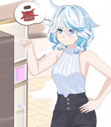 Rule 34 | 1girl, :t, ahoge, alternate costume, bare arms, bare shoulders, blue eyes, blue hair, commentary, english commentary, furina (genshin impact), genshin impact, hair intakes, hand on own hip, highres, multicolored hair, pluv hill, refrigerator, short hair, sleeveless, sleeveless turtleneck, solo, streaked hair, turtleneck, upper body, v-shaped eyebrows, white hair
