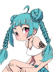 Rule 34 | 1girl, ahoge, aqua hair, aqua shorts, arm tattoo, bandaid, bandaid on knee, bandaid on leg, blunt bangs, blush, bra, braid, breasts, closed mouth, double bun, from side, hair bun, highres, looking at viewer, looking to the side, nao97122, navel, no shirt, original, pink eyes, shorts, sidelocks, simple background, sitting, small breasts, solo, tattoo, twin braids, underwear, upper body, white background, white bra