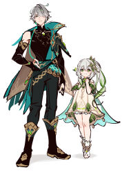 Rule 34 | 1boy, 1girl, alhaitham (genshin impact), black footwear, black gloves, black pants, bloomers, boots, chest jewel, closed mouth, detached sleeves, dress, dsmile, full body, genshin impact, gloves, green eyes, green hair, green sleeves, grey hair, hair ornament, hair over one eye, hand on own hip, highres, long hair, looking at viewer, multicolored hair, nahida (genshin impact), pants, partially fingerless gloves, side ponytail, simple background, standing, underwear, white background, white bloomers, white dress, white hair