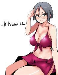 Rule 34 | 1girl, artist name, bikini, blush, breasts, cleavage, front-tie top, girls und panzer, glasses, grey eyes, grey hair, hifumi hajime, large breasts, looking at viewer, rumi (girls und panzer), salute, sarong, short hair, sitting, solo, swimsuit, white background