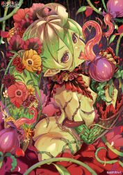 Rule 34 | 1girl, absurdres, ahoge, alraune, ass, blush, breasts, colored skin, cover, fang, fingernails, flower, green hair, green skin, hair flower, hair ornament, highres, kink (tortoiseshell), leaf, licking, long fingernails, long hair, looking at viewer, magazine cover, monster girl, nectar, nipples, non-web source, nude, open mouth, original, petals, plant, plant girl, plant hair, pointy ears, red eyes, side ponytail, small breasts, smile, solo, thorns, tongue, tongue out, towako (akane shinsha), vines