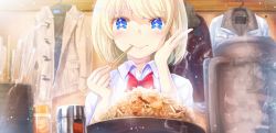 Rule 34 | 1girl, blonde hair, blue eyes, blush, bow, bowl, bowtie, buttons, chopsticks, clothes hanger, coat, collared shirt, commentary request, cyanomirahi, food, indoors, lipstick, looking at viewer, makeup, noodles, original, pink lips, ramen, shirt, short hair, smile, steam, symbol-shaped pupils, white shirt