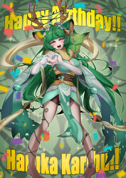 Rule 34 | 1girl, absurdres, animal ears, antlers, black shorts, blush, breasts, character name, cleavage, cleavage cutout, clothing cutout, deer ears, detached sleeves, dress, elbow gloves, fur-trimmed dress, fur trim, gloves, green eyes, green hair, green sleeves, grug art, happy birthday, haruka karibu, heart, heart hands, heart in heart hands, highres, horns, large breasts, long hair, looking at viewer, open mouth, reindeer antlers, reindeer girl, shorts, sleeveless, sleeveless dress, smile, teeth, upper teeth only, virtual youtuber, vshojo, white gloves
