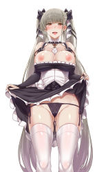 Rule 34 | 1girl, azur lane, bare shoulders, black nails, black panties, blush, breasts, breasts out, cameltoe, clothes lift, collarbone, darkmaya, detached collar, detached sleeves, dress, dress lift, earrings, formidable (azur lane), from below, gluteal fold, grey hair, groin, hair ribbon, half-closed eyes, jewelry, large breasts, lifted by self, lips, long hair, looking at viewer, looking down, lowleg, lowleg panties, nail polish, nipples, open mouth, panties, red eyes, ribbon, saliva, side-tie panties, simple background, skindentation, sleeves past wrists, solo, string panties, sweat, teeth, thighhighs, thighs, tongue, twintails, underwear, very long hair, white background, white thighhighs