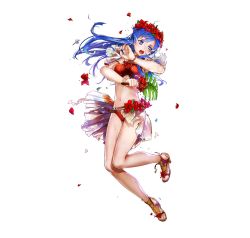 Rule 34 | 1girl, bare arms, bikini, blue eyes, blue hair, bracelet, breasts, bunbun, fingernails, fire emblem, fire emblem: the binding blade, fire emblem heroes, flower, full body, hair ornament, head wreath, hibiscus, high heels, highres, holding, jewelry, leaf, lilina (fire emblem), lilina (summer) (fire emblem), long hair, medium breasts, navel, nintendo, official art, open mouth, petals, red bikini, sandals, second-party source, simple background, solo, stomach, swimsuit, toeless footwear, toes, torn clothes, transparent background, white background