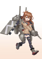 Rule 34 | 1girl, adapted turret, anchor symbol, black sailor collar, black skirt, black thighhighs, brown eyes, brown hair, brown sweater, cannon, commentary request, folded ponytail, highres, hood, hooded sweater, hoodie, inazuma (kancolle), kantai collection, long hair, long sleeves, looking at viewer, machinery, minosu, neckerchief, original remodel (kantai collection), pleated skirt, red neckerchief, sailor collar, school uniform, serafuku, shield, shirt, skirt, solo, sweater, thighhighs, turret, white shirt