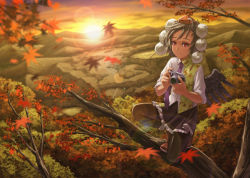 Rule 34 | 1girl, autumn leaves, bad id, bad pixiv id, black hair, boots, camera, female focus, hat, holding, in tree, kurione (zassou), landscape, leaf, lens flare, looking at viewer, maple leaf, mountain, on one knee, orange hat, pantyhose, red eyes, scenery, shameimaru aya, short hair, skirt, sleeves rolled up, smile, solo, squatting, sun, sunlight, sunset, tokin hat, touhou, tree, wings