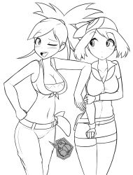 Rule 34 | 2girls, arm up, bandana, bare shoulders, belt, bike shorts, blush, breasts, cleavage, collarbone, creatures (company), crop top, female focus, fingerless gloves, flannery (pokemon), game freak, gloves, greyscale, gym leader, hand on own hip, hand up, hat, large breasts, looking to the side, may (pokemon), midriff, monochrome, multiple girls, navel, nintendo, npc trainer, object insertion, one eye closed, open mouth, pants, poke ball, pokemon, pokemon oras, pokemon rse, pussy juice, shirt, short hair, short sleeves, simple background, sleeveless, sleeveless shirt, smile, standing, starcross, teeth, vaginal, vaginal object insertion, wet, wet clothes, white background, wink
