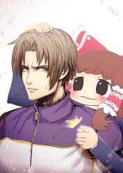 Rule 34 | 1boy, 1girl, black eyes, bow, brown hair, commentary request, cookie (touhou), crossover, frilled hair tubes, frills, hair bow, hair tubes, hakurei reimu, heshikiri hasebe, khn (kihana), long hair, long sleeves, looking at another, open mouth, purple eyes, red bow, rurima (cookie), short hair, smile, touhou, touken ranbu, track suit, upper body, white background, zipper