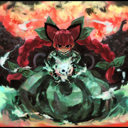 Rule 34 | 1girl, animal ears, ast, bad id, bad pixiv id, blue fire, bone, bow, braid, cat ears, cat tail, dress, fire, green dress, hair bow, highres, hitodama, kaenbyou rin, looking at viewer, multiple tails, pile of skulls, red eyes, red hair, skull, solo, tail, touhou, twin braids, wisps