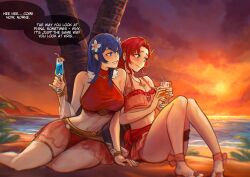 Rule 34 | 2girls, aqua eyes, beach, bikini, blue eyes, blue hair, breasts, caeda (fire emblem), caeda (summer) (fire emblem), commentary, commission, cup, english commentary, english text, fire emblem, fire emblem: new mystery of the emblem, fire emblem: shadow dragon, fire emblem heroes, flower, hair flower, hair ornament, highres, holding, holding cup, large breasts, long hair, looking at another, multiple girls, nintendo, norne (fire emblem), norne (summer) (fire emblem), official alternate costume, palm tree, pink bikini, red bikini, red hair, sand, sethkiel, sitting, smile, speech bubble, sunset, swimsuit, tree, white flower