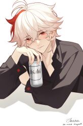 Rule 34 | 1boy, alcohol, alternate costume, asahi breweries, beer, beer can, black shirt, blush, can, closed mouth, collared shirt, commentary, drink can, drunk, english commentary, genshin impact, hair between eyes, highres, holding, jesse (pixiv34586727), kaedehara kazuha, long sleeves, looking at viewer, male focus, multicolored hair, red eyes, red hair, shirt, signature, simple background, solo, streaked hair, upper body, white background, white hair