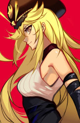 Rule 34 | 1girl, arm warmers, armpits, black hat, blonde hair, breasts, brown eyes, floating hair, forever 7th capital, ghooost, hat, long hair, looking at viewer, medium breasts, military hat, profile, red background, rena (forever 7th capital), ribbed shirt, shirt, simple background, sleeveless, smile, solo, upper body, white shirt