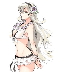 Rule 34 | 1girl, absurdres, arms behind back, bikini, bikini skirt, bikini tan, breasts, cleavage, corrin (female) (fire emblem), corrin (female) (summer) (fire emblem), corrin (fire emblem), fire emblem, fire emblem fates, fire emblem heroes, flower, flower necklace, front-tie bikini top, front-tie top, ge-b, hair flower, hair ornament, hairband, highres, jewelry, long hair, medium breasts, navel, necklace, nintendo, official alternate costume, pointy ears, red eyes, simple background, sketch, smile, solo, swimsuit, tan, tanline, white background, white bikini, white hair