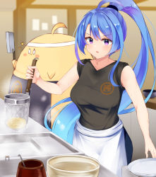 Rule 34 | 1girl, alternate costume, apron, azur lane, bare arms, bare shoulders, black shirt, blue hair, breasts, clothes writing, commentary request, helena (azur lane), highres, holding, holding knife, indoors, irohara, knife, large breasts, long hair, manjuu (azur lane), parted lips, ponytail, purple eyes, shirt, sleeveless, sleeveless shirt, solo, standing, steam, translation request, very long hair, waist apron, white apron