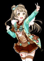 Rule 34 | 10s, 1girl, :d, aqua bow, aqua jacket, arm up, bow, bowtie, brown hair, brown skirt, green bow, hair bow, happy valentine, jacket, long hair, looking at viewer, love live!, love live! school idol festival, love live! school idol project, minami kotori, open mouth, pleated skirt, side ponytail, skirt, smile, solo, standing, striped bow, striped clothes, striped thighhighs, suspender skirt, suspenders, thighhighs, transparent background, v, yellow eyes, zettai ryouiki