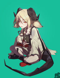 1girl arknights black_choker black_horns black_shirt black_tail blonde_hair choker eyes_visible_through_hair fingernails full_body green_background grey_jacket grey_shirt hair_between_eyes highres horns ifrit_(arknights) indian_style jacket kai23506412 long_fingernails looking_at_viewer nail_polish open_mouth orange_eyes shirt short_hair sitting slit_pupils solo striped_clothes striped_shirt tail vertical-striped_clothes vertical-striped_shirt