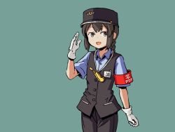 Rule 34 | 1girl, armband, black eyes, black hair, black hat, black pants, black vest, blue shirt, braid, commentary, dress shirt, employee uniform, english commentary, female service cap, gloves, hair between eyes, hat, isonami (kancolle), kantai collection, kepi, looking at viewer, military hat, name tag, one-hour drawing challenge, pants, salute, shirt, short sleeves, sidelocks, sixten, solo, twin braids, uniform, vest, whistle, whistle around neck, white gloves