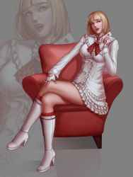 Rule 34 | 1girl, armchair, audia pahlevi, boots, card, chair, crossed legs, dress, emilie de rochefort, fingerless gloves, gloves, heart, high heel boots, high heels, highres, hime cut, knee boots, kneehighs, namco, open mouth, playing card, sitting, socks, solo, tekken