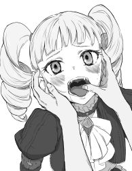 Rule 34 | 1girl, 1other, aikatsu!, aikatsu! (series), arm belt, blunt bangs, blush, bow, bowtie, brooch, drill hair, finger in another&#039;s mouth, greyscale, highres, jewelry, juliet sleeves, long sleeves, looking at viewer, monochrome, open mouth, osame, pov, pov hands, puffy sleeves, simple background, todo yurika, twin drills, white background