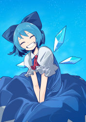 Rule 34 | 1girl, absurdres, artist name, ascot, asutoro (s--t), blue bow, blue dress, blue hair, blue sky, bow, cirno, clear sky, closed eyes, clothes lift, collared dress, commentary, dress, dress tug, facing viewer, frilled sleeves, frills, hair bow, highres, ice, ice wings, leaning forward, light particles, medium dress, puffy short sleeves, puffy sleeves, red ascot, short hair, short sleeves, signature, skirt, skirt lift, sky, solo, standing, touhou, wind, wind lift, wings
