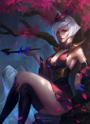 Rule 34 | 1girl, against tree, asymmetrical legwear, bare shoulders, black socks, blood moon elise, blue nails, breasts, cleavage, corset, crossed legs, detached sleeves, dress, elise (league of legends), eyelashes, eyeshadow, female focus, fingernails, hair ornament, highres, holding, holding smoking pipe, kiseru, kneehighs, large breasts, league of legends, lips, lipstick, long fingernails, looking at viewer, makeup, mascara, mismatched legwear, nail polish, nose, outdoors, parted lips, petals, pink lips, pleated dress, realistic, red dress, rock, sharp fingernails, short dress, short hair, sideboob, sitting, sleeveless, sleeveless dress, smoking pipe, socks, solo, swept bangs, thighhighs, thighs, tree, upper body, x.four