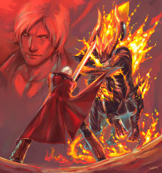 Rule 34 | 2boys, battle, berial, berial (devil may cry), capcom, dante (devil may cry), demon, devil may cry (series), epic, fangs, fire, horns, male focus, multiple boys, open mouth, rebellion (sword), silver hair, sword, tail, wakky, weapon