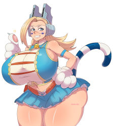Rule 34 | 1girl, alternate breast size, animal hands, artist name, bare shoulders, bell, blonde hair, blue skirt, blush, boku no hero academia, breasts, curvy, gigantic breasts, gloves, hand on own hip, headgear, highres, huge breasts, long hair, midriff, paw gloves, pinkkoffin, pixie-bob (boku no hero academia), skirt, smile, solo, star (symbol), thick thighs, thighs, tinted eyewear, visor, white background, wide hips