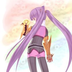 Rule 34 | 00s, 1girl, ass, bad id, bad pixiv id, bodysuit, from behind, gloves, highres, long hair, looking back, polpon, purple eyes, purple hair, rainbow background, scryed, solo, sophie (tales), tales of (series), tales of graces, thighhighs, twintails
