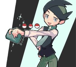 Rule 34 | 1boy, :d, black hair, buttons, commentary request, cowboy shot, creatures (company), frontier brain, game freak, green eyes, green hair, green necktie, green pants, half-closed eyes, hand on own hip, highres, holding, looking at viewer, male focus, multicolored hair, necktie, nintendo, open mouth, outstretched arm, pants, poke ball symbol, pokemon, pokemon dppt, pokemon platinum, smile, solo, thorton (pokemon), tongue, tora (ctiger), twitter username, two-tone hair