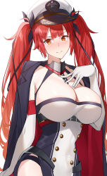 Rule 34 | 1girl, azur lane, black ribbon, breasts, cleavage, collar, elbow gloves, garter straps, gloves, hair ribbon, hat, highres, honolulu (azur lane), jacket, jacket on shoulders, large breasts, looking at viewer, peaked cap, raitho, red eyes, red hair, ribbon, standing, thigh gap, twintails, white background, white gloves