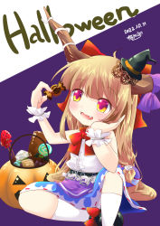 Rule 34 | 1girl, belt, black footwear, black hat, blonde hair, blue skirt, blunt bangs, blush, bow, bowtie, brown horns, candy, chocolate, commentary request, dated, fairy cat, food, foot out of frame, hair bow, halloween, halloween bucket, hand on own cheek, hand on own face, hat, highres, horn bow, horn ornament, horns, ibuki suika, layered skirt, lollipop, long hair, mini hat, open mouth, orange eyes, purple bow, purple skirt, red bow, red bowtie, ribbon-trimmed skirt, ribbon trim, shirt, sitting, skirt, sleeveless, sleeveless shirt, smile, socks, solo, swirl lollipop, touhou, very long hair, white shirt, white socks, witch hat, wrapped candy, wrist cuffs