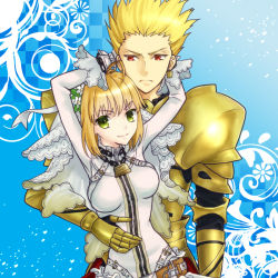 Rule 34 | 10s, 1boy, 1girl, ahoge, armor, auoyoi, blonde hair, bodysuit, chain, earrings, fate/extra, fate/extra ccc, fate (series), gilgamesh (fate), gloves, green eyes, jewelry, lock, lock earrings, nero claudius (bride) (fate), nero claudius (fate), nero claudius (fate), padlock, red eyes, veil