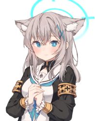 Rule 34 | 1girl, absurdres, animal ear fluff, animal ears, aqua eyes, aqua neckerchief, black dress, blue archive, blush, closed mouth, cosplay, dress, goyain, grey hair, hair between eyes, hair ornament, halo, highres, long hair, long sleeves, looking at viewer, mari (blue archive), mari (blue archive) (cosplay), mismatched pupils, neckerchief, nun, own hands together, sailor collar, sailor dress, shiroko (blue archive), simple background, solo, upper body, white background, white sailor collar, x hair ornament