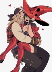 Rule 34 | 1boy, 1girl, absurdres, arc system works, axl low, bandana, belt, blush, boots, breasts, carrying, carrying under arm, denim, fingerless gloves, gloves, green-tinted eyewear, guilty gear, guilty gear strive, hat, highres, i-no, jeans, large breasts, long hair, miukumauk, pants, short hair, spoilers, sunglasses, thigh boots, thighhighs, tinted eyewear, witch hat, zipper