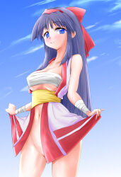 Rule 34 | 1girl, ainu clothes, blue eyes, blue hair, blush, breasts, cleavage, clothes lift, convenient censoring, hair ribbon, highres, large breasts, legs, lifted by self, long hair, nakoruru, no panties, open clothes, parted lips, ribbon, samurai spirits, sarashi, smile, snk, sweat, teasing, the king of fighters, thighs, underboob
