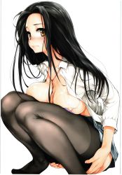 Rule 34 | 1girl, absurdres, bikini, bikini top only, black hair, black pantyhose, blush, bra, breast press, breasts, embarrassed, female focus, highres, ishikei, large breasts, long hair, looking at viewer, open clothes, open shirt, pantyhose, school uniform, shirt, simple background, skirt, solo, squatting, swimsuit, underwear, uniform, white background, yellow eyes