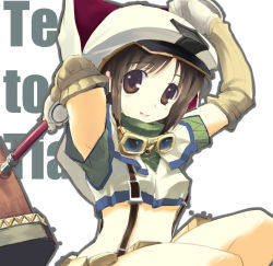 Rule 34 | 00s, 1girl, armpits, aruru no zaki, blush, breasts, brown eyes, brown hair, elbow gloves, gloves, goggles, hammer, midriff, rathty, short hair, small breasts, solo, suspenders, tears to tiara, underboob, weapon