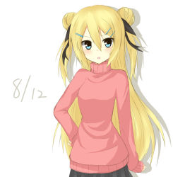 Rule 34 | 1girl, blonde hair, blue eyes, blush, chabaneko, dated, double bun, hair bun, hair ornament, hairclip, hand on own hip, long hair, looking at viewer, original, simple background, solo, sweater, tarutaru22, turtleneck, two side up, very long hair, white background