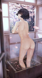 Rule 34 | 1girl, arm support, artistic nudity, ass, back, bare back, bath, black eyes, black hair, blurry, blurry background, breasts, cherry blossoms, closed mouth, commentary request, crossed arms, day, depth of field, feet in water, female focus, flower, from behind, highres, indoors, kaoming, light smile, looking at viewer, looking back, medium breasts, nude, open window, original, petals, petals on liquid, pink flower, short hair, smile, solo, standing, steam, tree, wading, water, wet, white flower, window